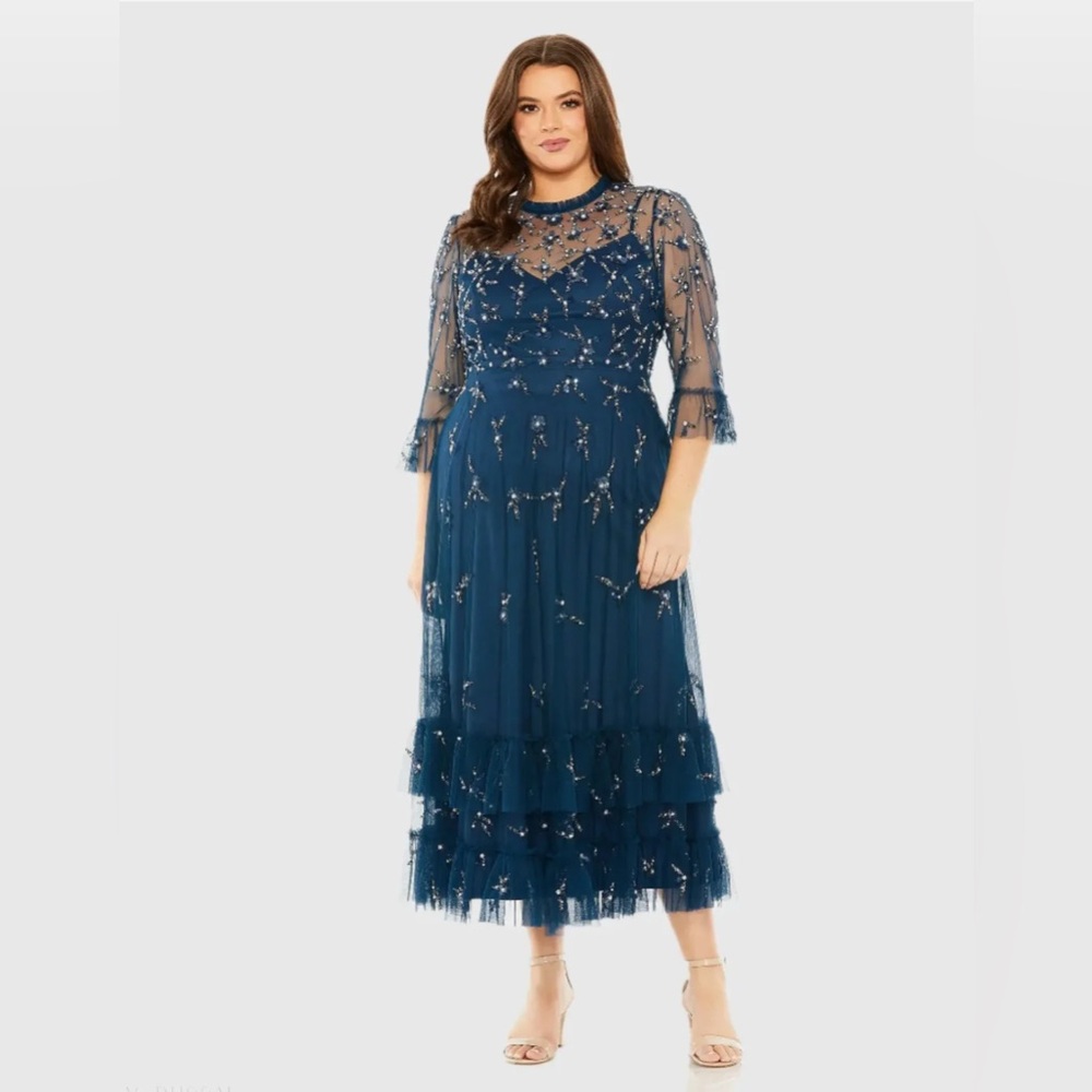 MAC DUGGAL - Navy High Neck Embellished Flutter Sleeve Dress - NEW